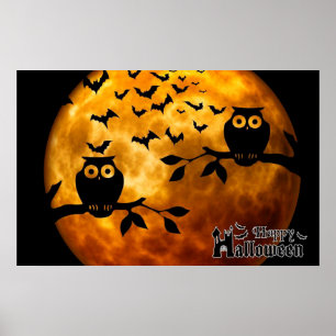 Happy Halloween Owls and Bats Poster