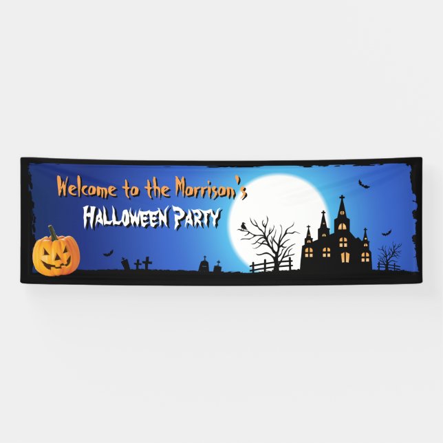 Happy Halloween Party Blue Moonlight Scary Night Banner (Horizontal)