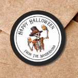 Happy Halloween Party Classic Round Sticker<br><div class="desc">Give some adorable party favours to guests at an annual Halloween costume party, or any event with this fun and simple sticker. A simple overall black and white look that has a simple vintage grunge typography. A drinking skeleton with top hat and orange vest gives it some character. Outlined with...</div>