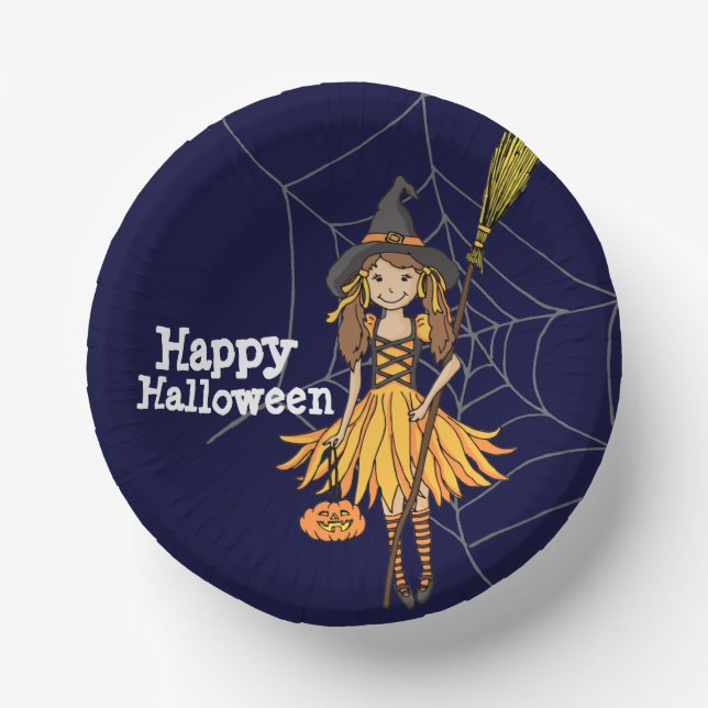 Happy Halloween party cute girl kids  Paper Plate (Front)