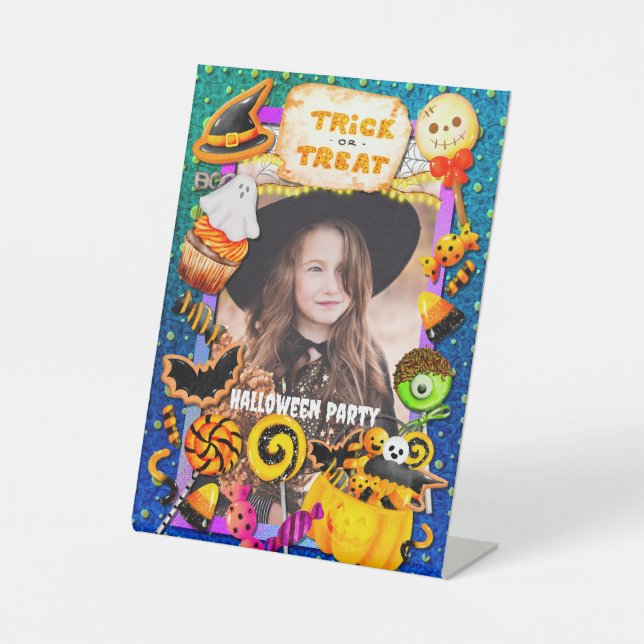 Happy Halloween party filled with trick-or-treat Pedestal Sign (Front)