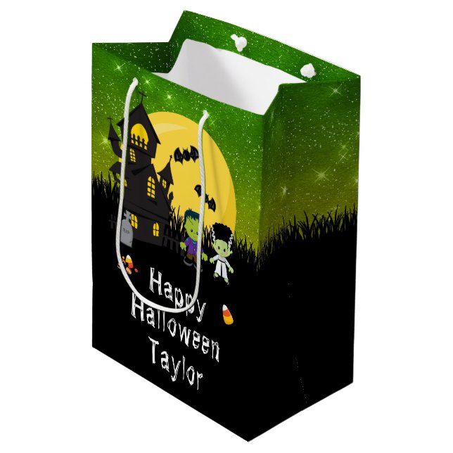 Happy Halloween Party Monsters Dark Green Medium Gift Bag (Front Angled)