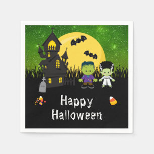 Happy Halloween Party Monsters Green Napkin