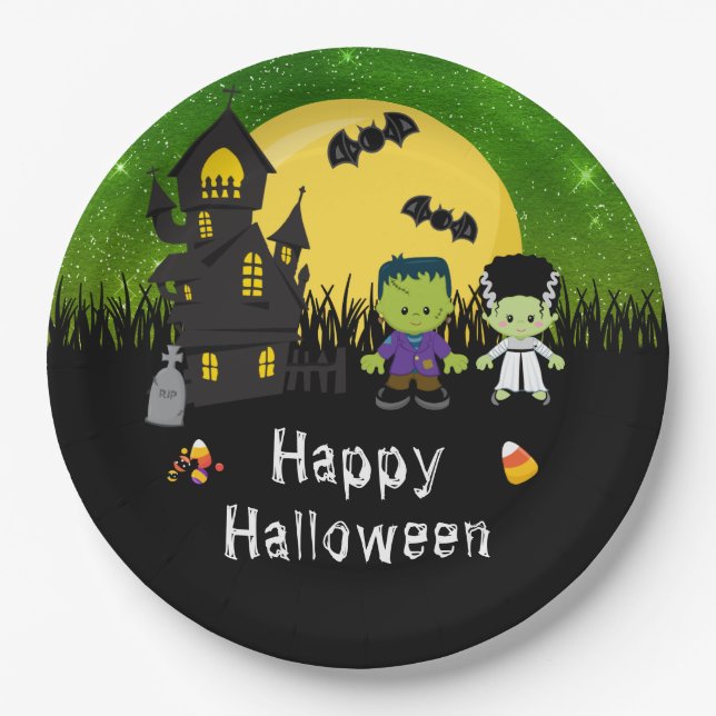 Happy Halloween Party Monsters Green Paper Plate (Front)