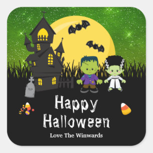 Happy Halloween Party Monsters Green Square Sticker