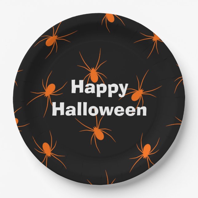 Happy Halloween Party Orange Spider Paper Plate (Front)