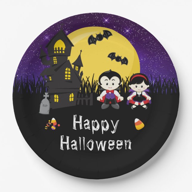 Happy Halloween Party Vampires Purple Paper Plate (Front)