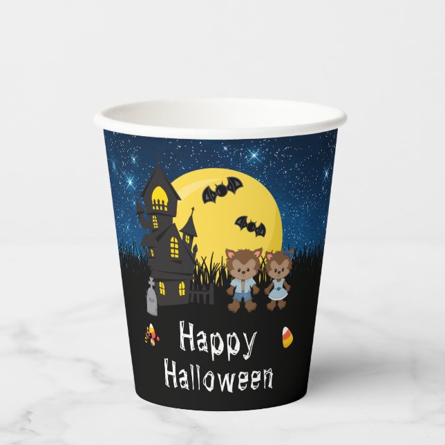 Happy Halloween Party Werewolf Blue Paper Cups (Front)