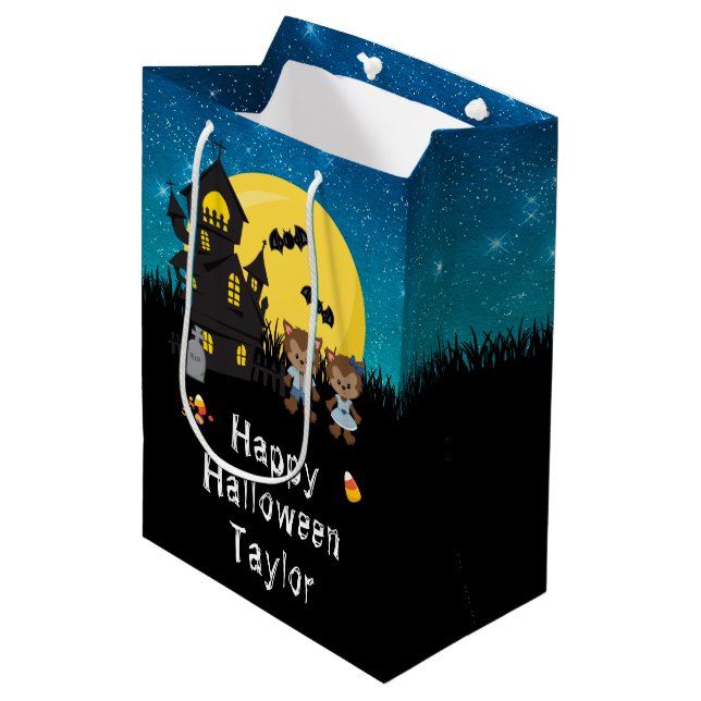 Happy Halloween Party Werewolf Dark Blue Medium Gift Bag (Front Angled)