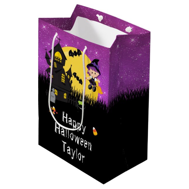 Happy Halloween Party Witch Dark Purple Medium Gift Bag (Front Angled)