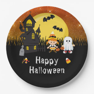 Happy Halloween Party Witch Ghost Orange Paper Plate
