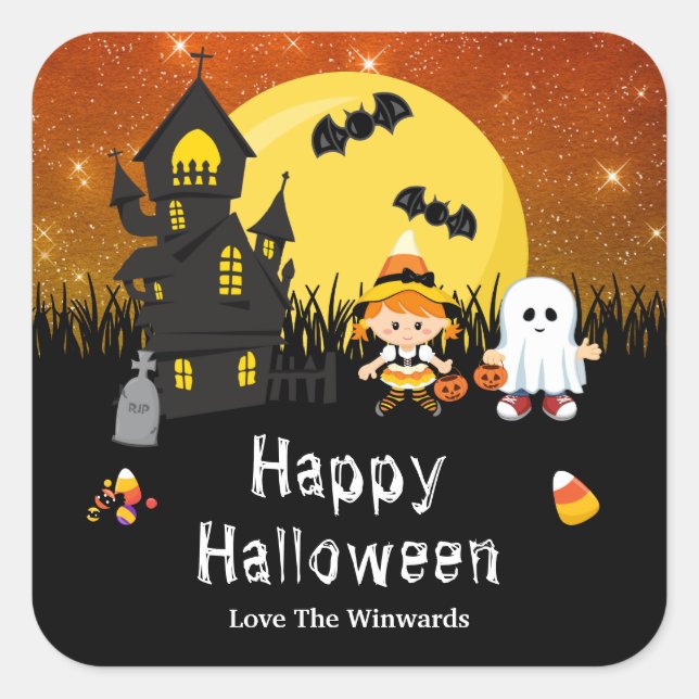 Happy Halloween Party Witch Ghost Orange Square Sticker (Front)