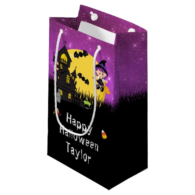 Happy Halloween Party Witch Purple Small Gift Bag (Front Angled)