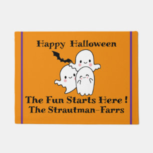 Happy Halloween PERSONALIZE Cute Ghost Bat Orange  Doormat
