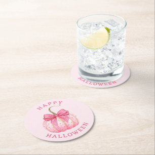 Happy Halloween Pink Coquette Bow Pumpkin Round Paper Coaster