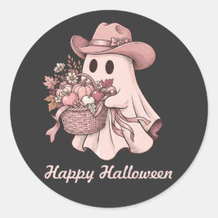 Happy Halloween Pink Cowgirl Ghost Classic Round Sticker
