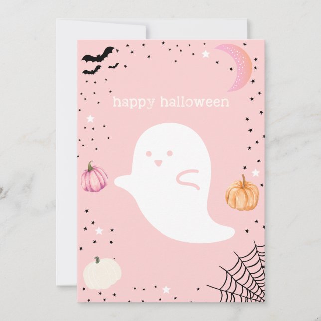 Happy Halloween Pink Cute Ghost Card (Front)