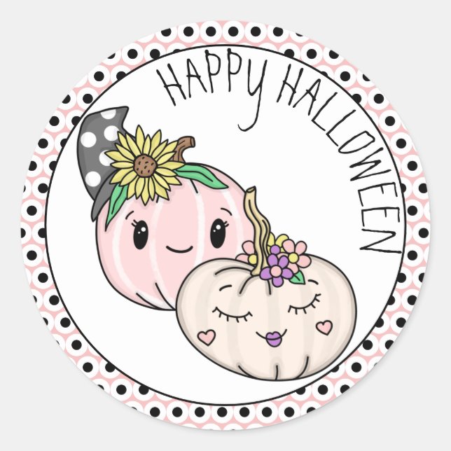 Happy Halloween | Pink Pumpkin and Polka Dots  Classic Round Sticker (Front)
