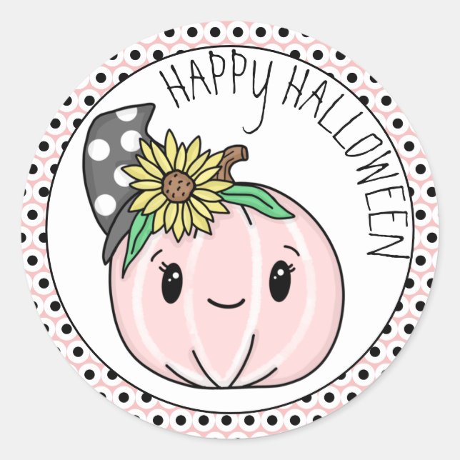 Happy Halloween | Pink Pumpkin and Polka Dots Classic Round Sticker (Front)