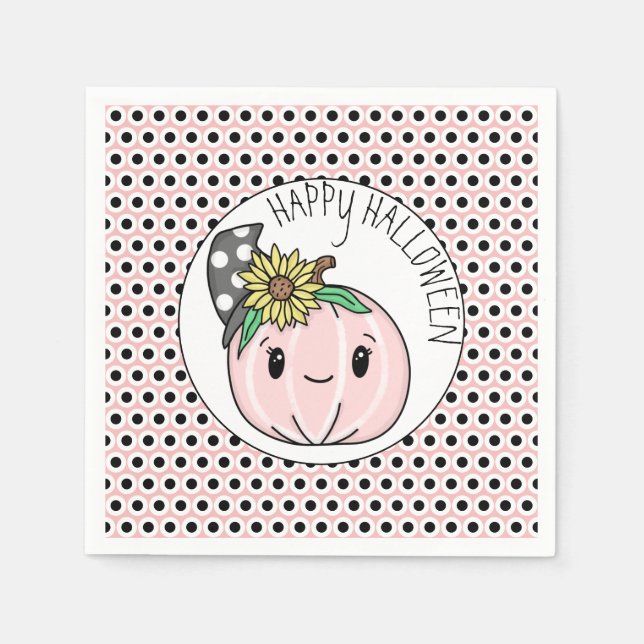 Happy Halloween | Pink Pumpkin and Polka Dots  Napkin (Front)
