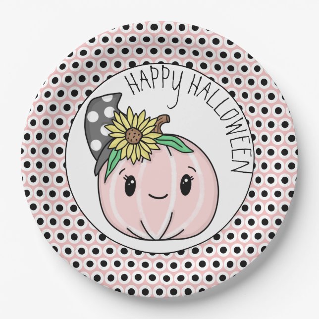 Happy Halloween | Pink Pumpkin and Polka Dots  Paper Plate (Front)