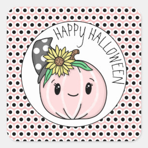 Happy Halloween   Pink Pumpkin and Polka Dots   Square Sticker