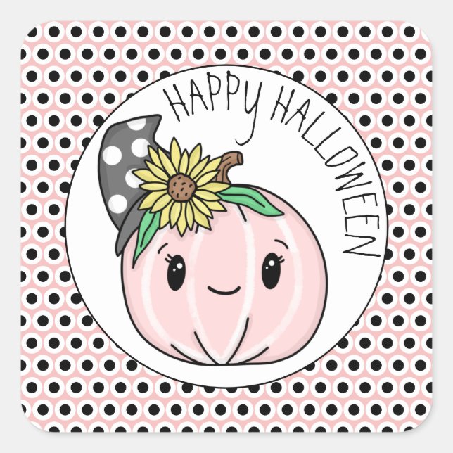 Happy Halloween | Pink Pumpkin and Polka Dots   Square Sticker (Front)