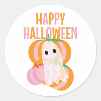 Happy Halloween pink pumpkins and a ghost Classic Round Sticker
