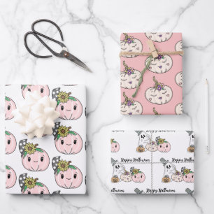 Happy Halloween   Pink Pumpkins and Sunflowers Wrapping Paper Sheet