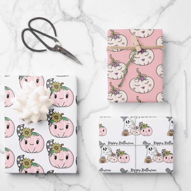 Happy Halloween | Pink Pumpkins and Sunflowers Wrapping Paper Sheet (Front)
