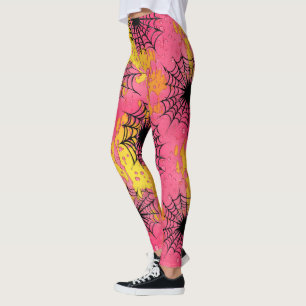 Happy Halloween Pink & Yellow Funny spider's web  Leggings