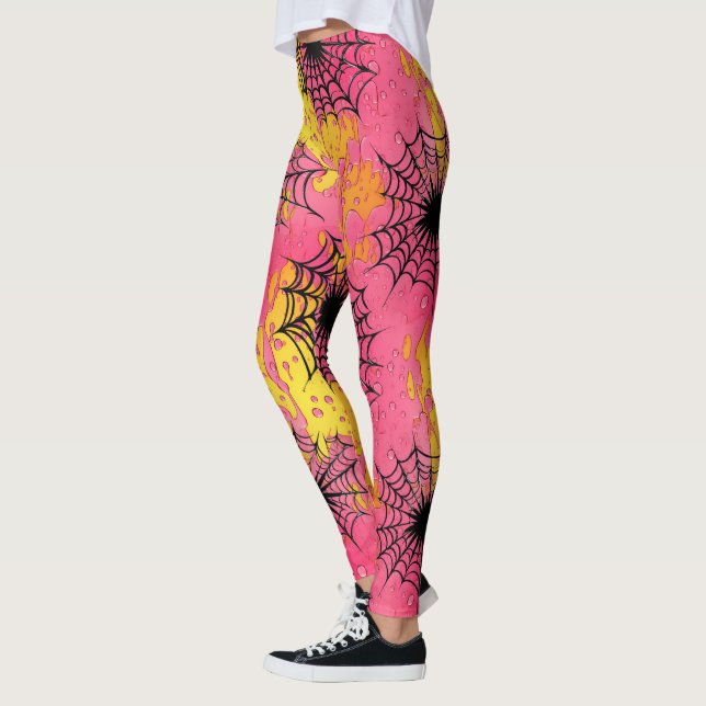 Happy Halloween Pink & Yellow Funny spider's web  Leggings (Left)