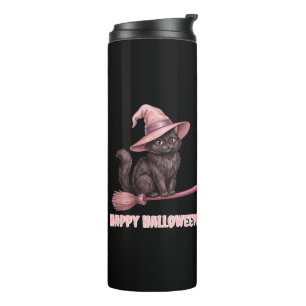 Happy Halloween Pinkoween Vintage Black Witch Cat Thermal Tumbler