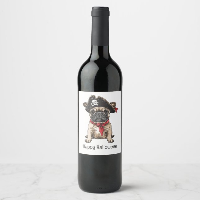 Happy Halloween Pirate French Bulldog Wine Label (Front)