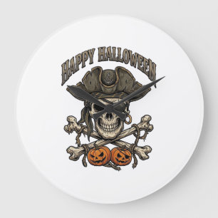 Happy Halloween Pirate Skull Crossbones Pumpkins_1 Large Clock