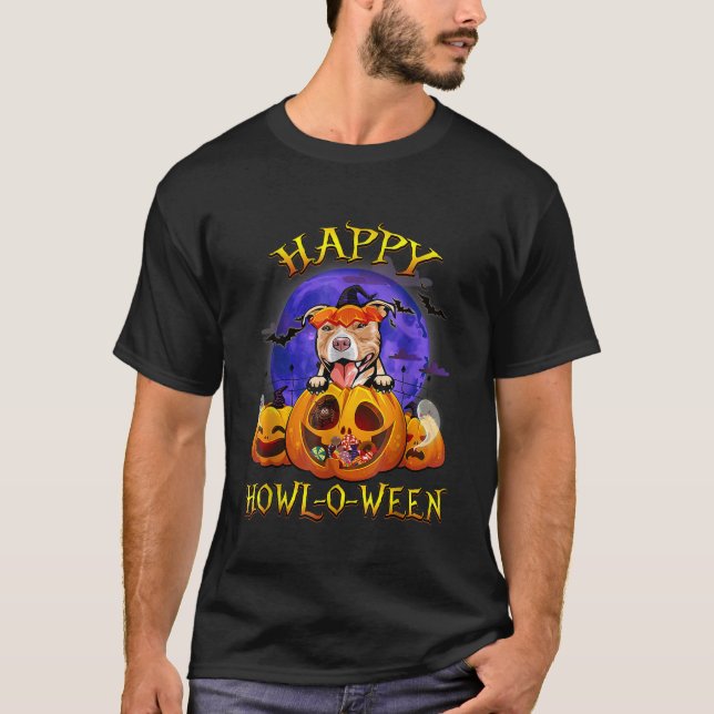 Happy Halloween Pitbull With Moon Pumpkin Dog Love T-Shirt (Front)