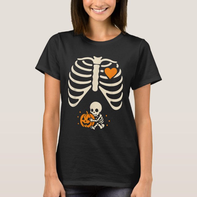 Happy Halloween Pregnant Baby Skeleton Spooky Seas T-Shirt (Front)