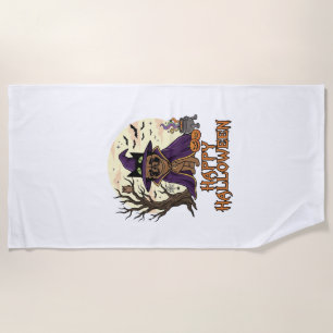 Happy Halloween Pug Witch Hat Cauldron Pumpkins_1 Beach Towel