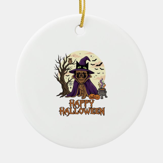 Happy Halloween Pug Witch Hat Cauldron Pumpkins_1 Ceramic Tree Decoration (Front)