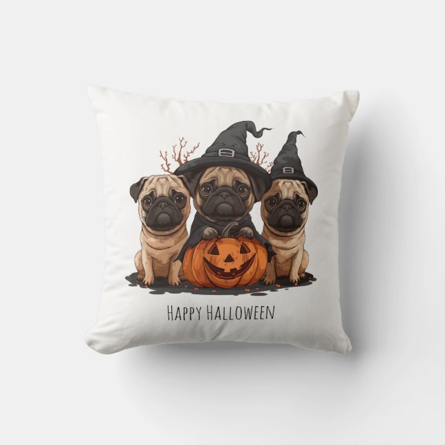 Happy Halloween Pugs Jack O Lanterns Cushion (Front)