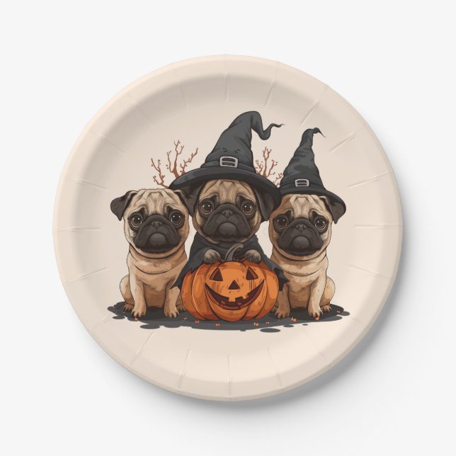 Happy Halloween Pugs Jack O Lanterns Paper Plate (Front)