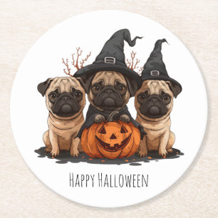 Happy Halloween Pugs Jack O Lanterns Round Paper Coaster