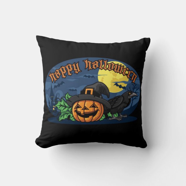 Happy Halloween Pumpkin And Crow Cushion (Front)