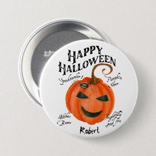 happy halloween pumpkin badge button name