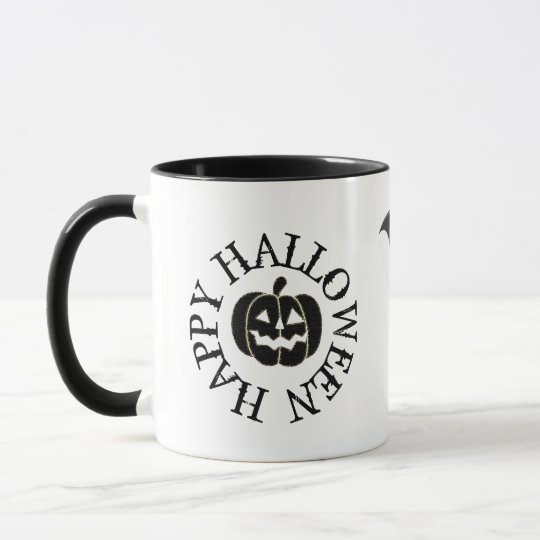 Happy Halloween Pumpkin Bat and Black Cat Mug