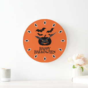 Happy Halloween Pumpkin Bat Minimal Large Clock