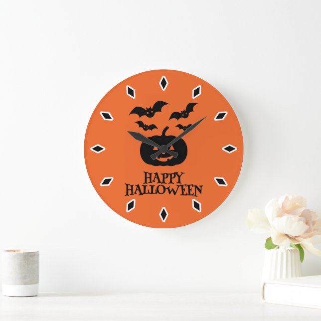 Happy Halloween Pumpkin Bat Minimal Large Clock (Home)