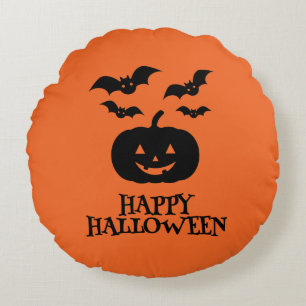 Happy Halloween Pumpkin Bat Minimal Round Cushion