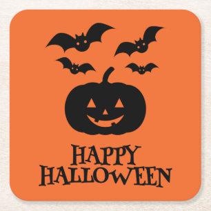 Happy Halloween Pumpkin Bat Minimal Square Paper Coaster