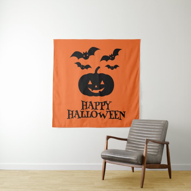 Happy Halloween Pumpkin Bat Minimal Tapestry (In Situ)